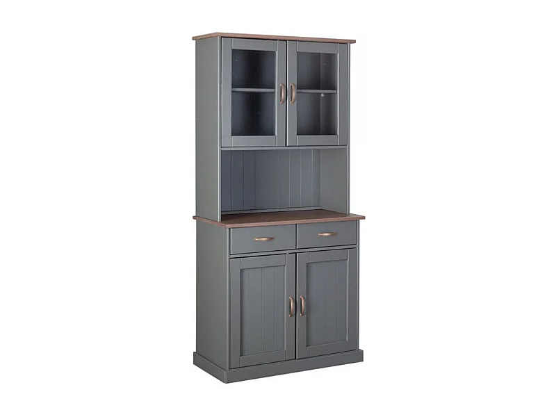 Vaisselier / vitrine en pin massif foncé et gris - L.90 x H.191 x P.45 cm