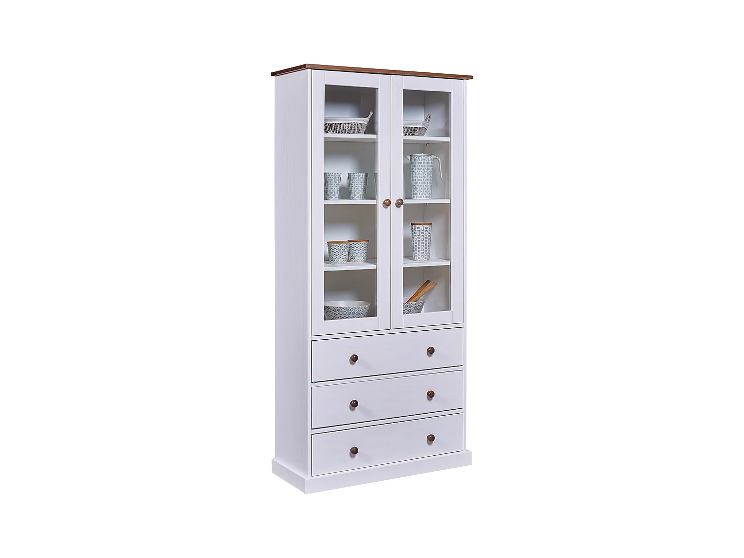 Vaisselier vitrine en pin massif vernis blanc/sépia - Longueur 90 x Profondeur 38 x Hauteur 190 cm