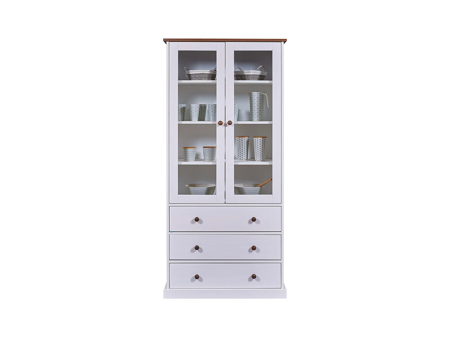 Vaisselier vitrine en pin massif vernis blanc/sépia - Longueur 90 x Profondeur 38 x Hauteur 190 cm