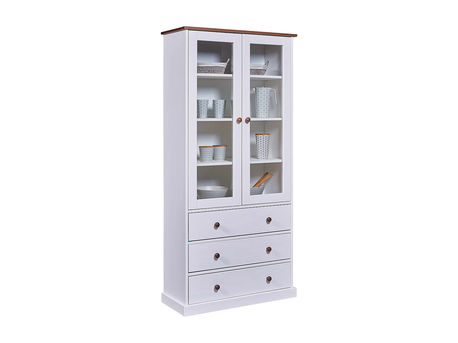 Vaisselier vitrine en pin massif vernis blanc/sépia - Longueur 90 x Profondeur 38 x Hauteur 190 cm