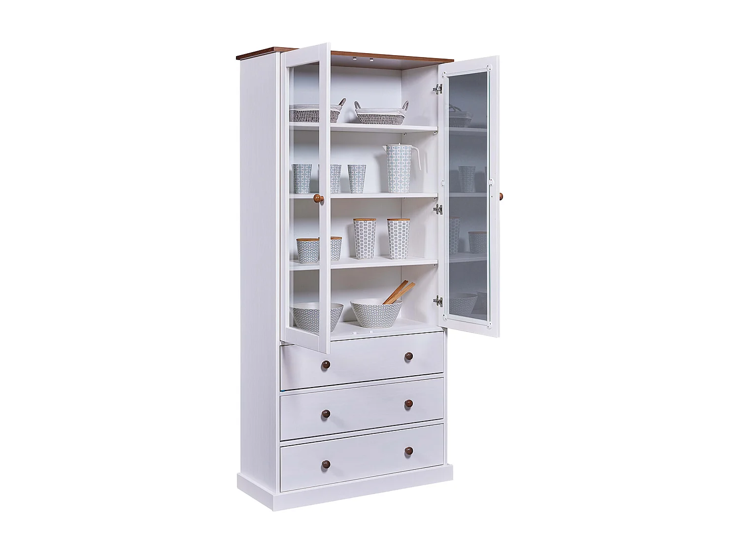 Vaisselier vitrine en pin massif vernis blanc/sépia - Longueur 90 x Profondeur 38 x Hauteur 190 cm