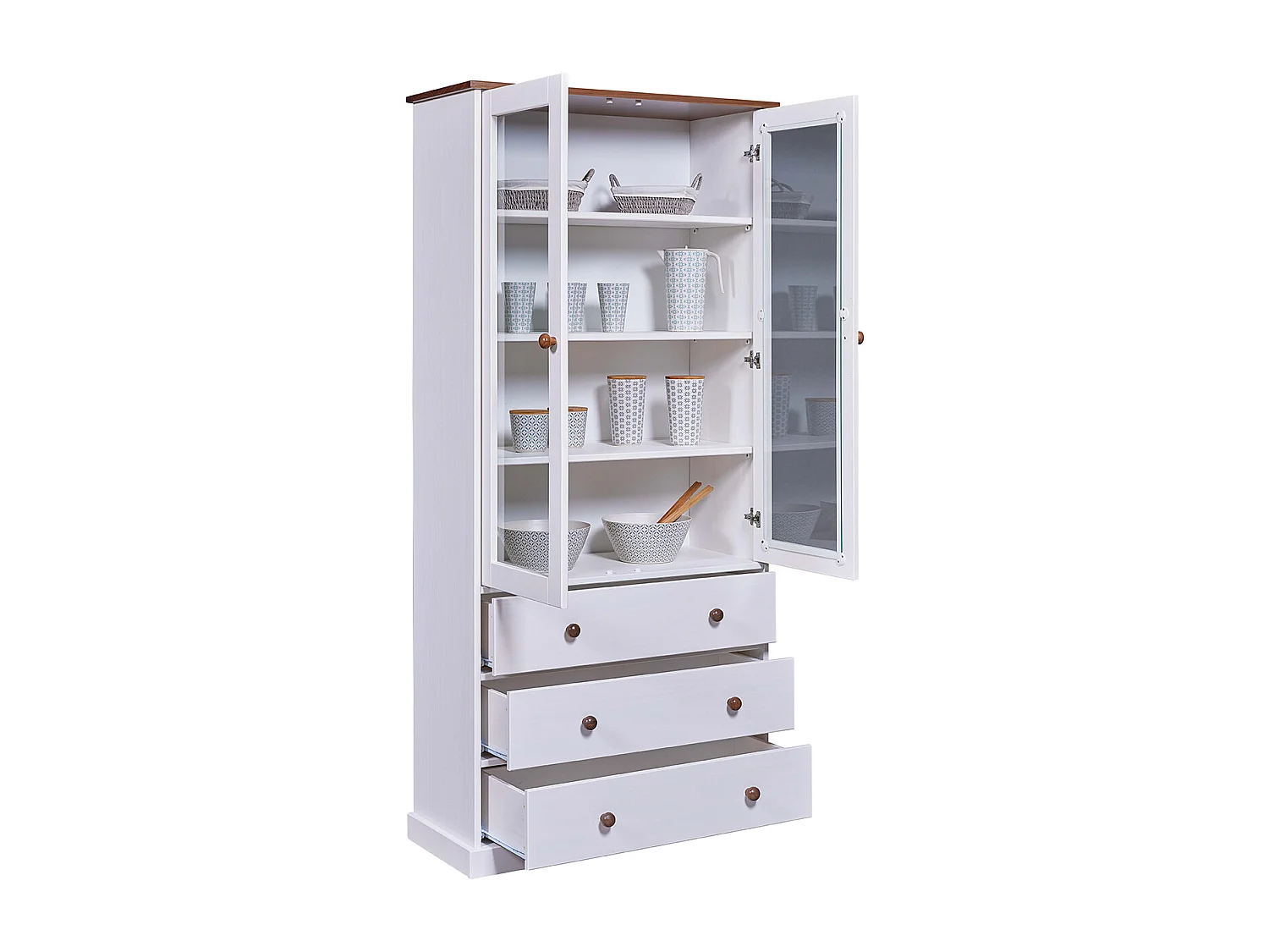 Vaisselier vitrine en pin massif vernis blanc/sépia - Longueur 90 x Profondeur 38 x Hauteur 190 cm