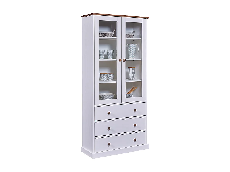 Vaisselier vitrine en pin massif vernis blanc/sépia - Longueur 90 x Profondeur 38 x Hauteur 190 cm