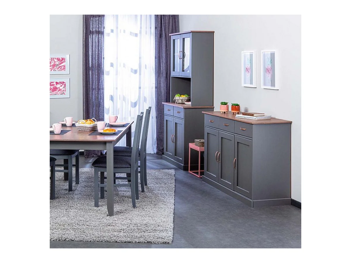 Buffet en pin massif foncé et gris - L.131 x H.86 x P.45 cm