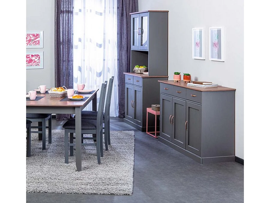 Bahut bas en pin massif foncé et gris - L.80 x H.86 x P.45 cm