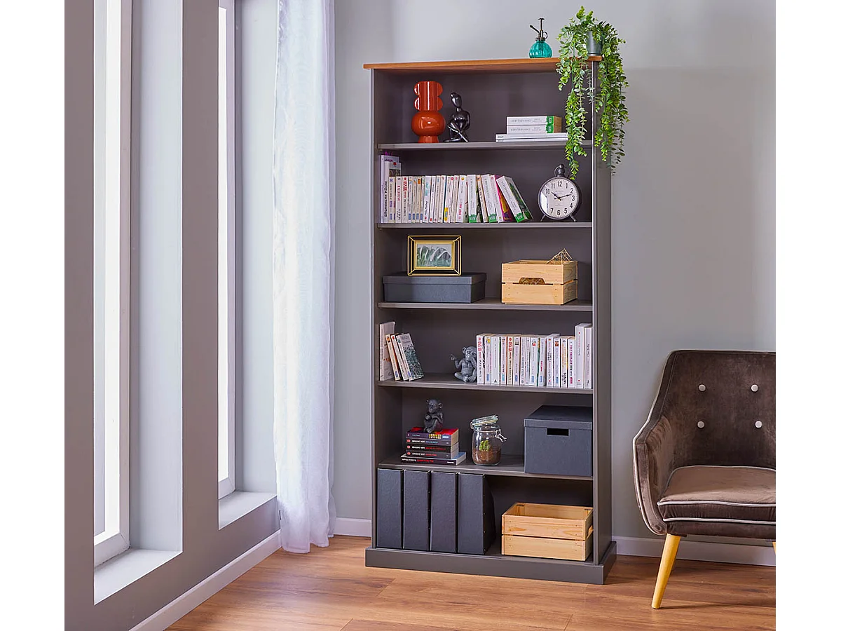 Bibliothèque avec 6 étagères en pin massif coloris gris/marron - Longueur 90 x Profondeur 38 x Hauteur 190 cm