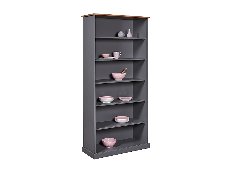 Bibliothèque avec 6 étagères en pin massif coloris gris/marron - Longueur 90 x Profondeur 38 x Hauteur 190 cm