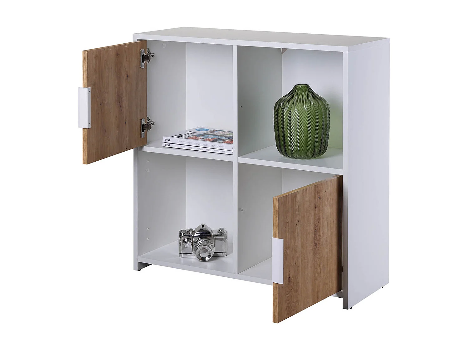 Bibliothèque, étagère avec 2 portes coloris chêne Artisan / blanc - longueur 77 x profondeur 33 x hauteur 77 cm