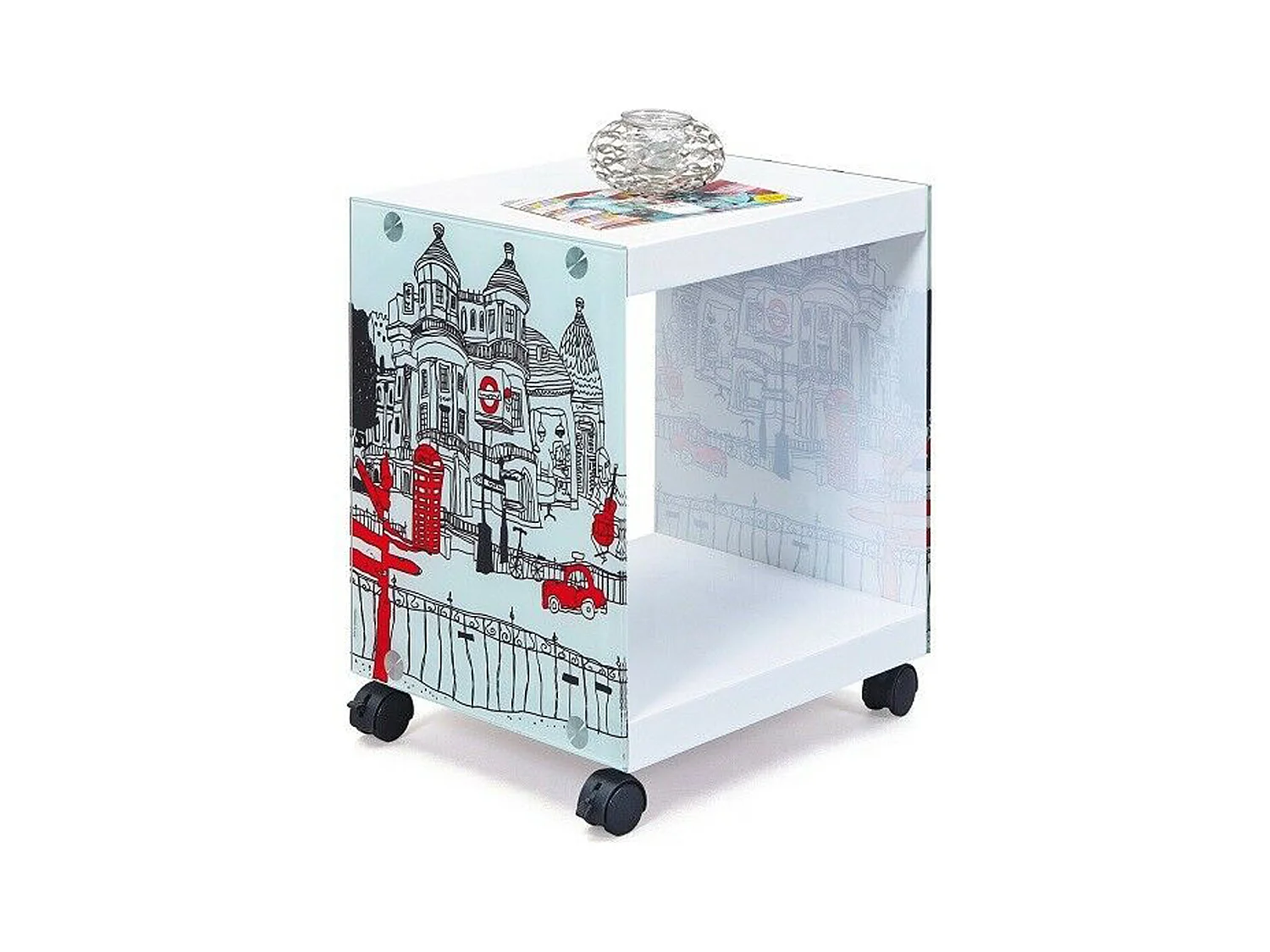 Table d'appoint avec panneau de verre et roues Drapeau Cube Londres