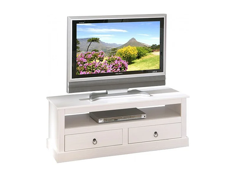 Meuble TV design blanc en bois massif - Dim : L 118 x H 45 x P 39 cm