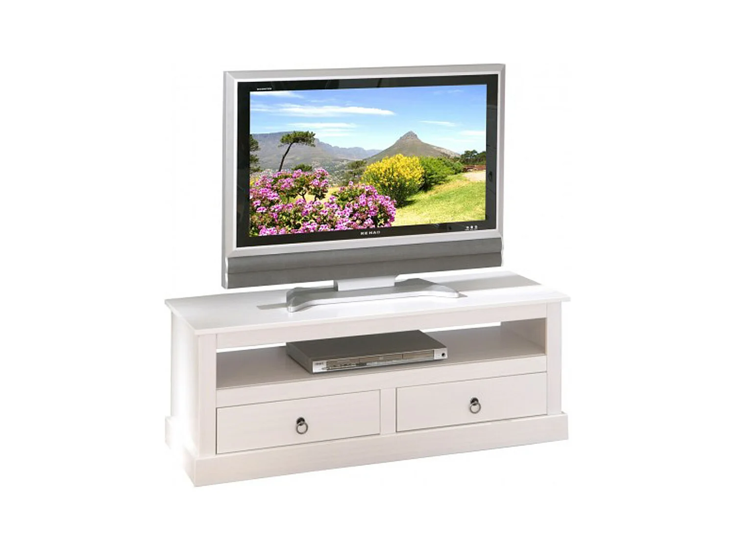 Meuble TV design blanc en bois massif - Dim : L 118 x H 45 x P 39 cm