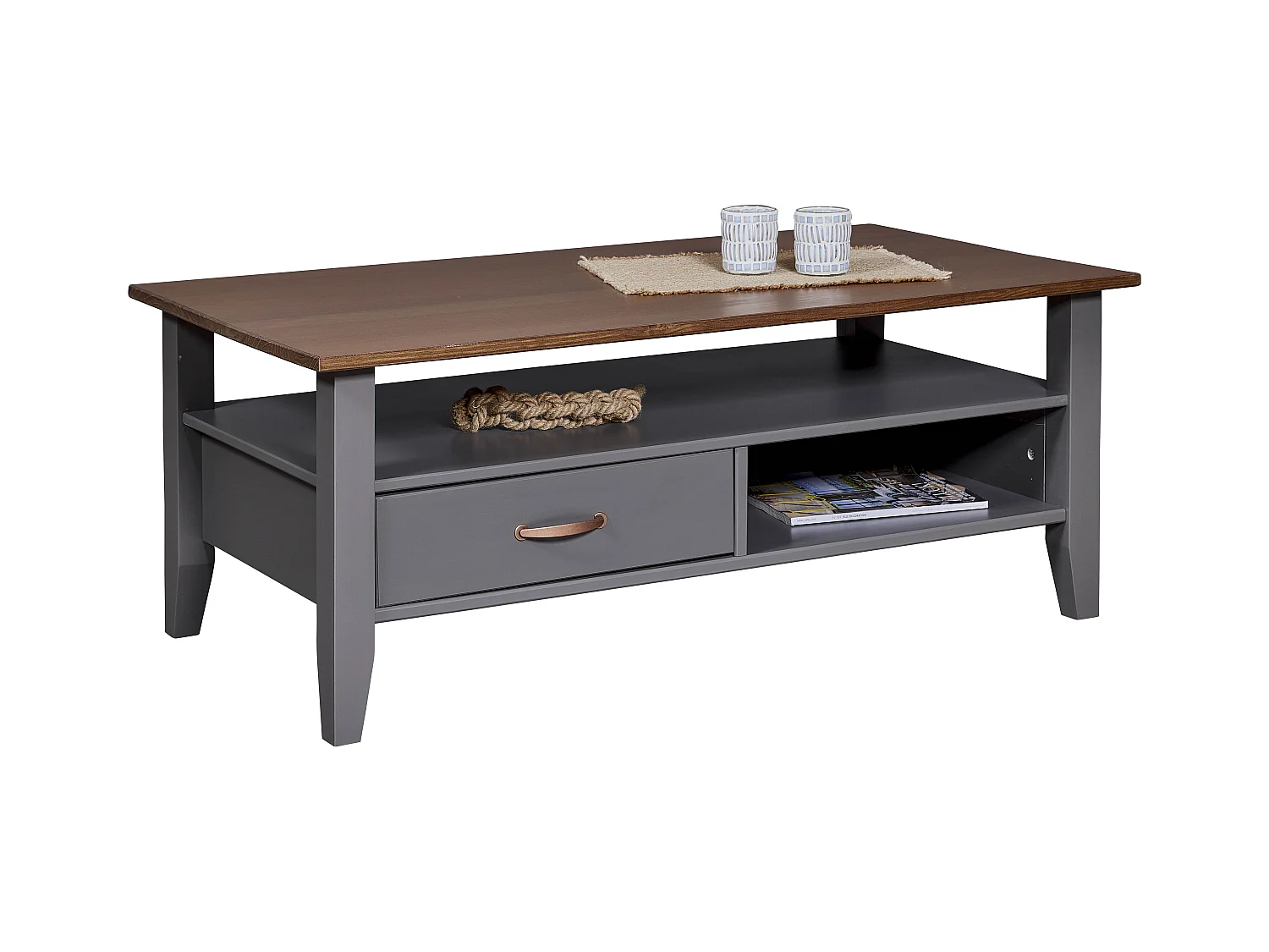 Table basse en pin massif coloris gris - Longueur 115 x Profondeur 45 x Hauteur 60 cm
