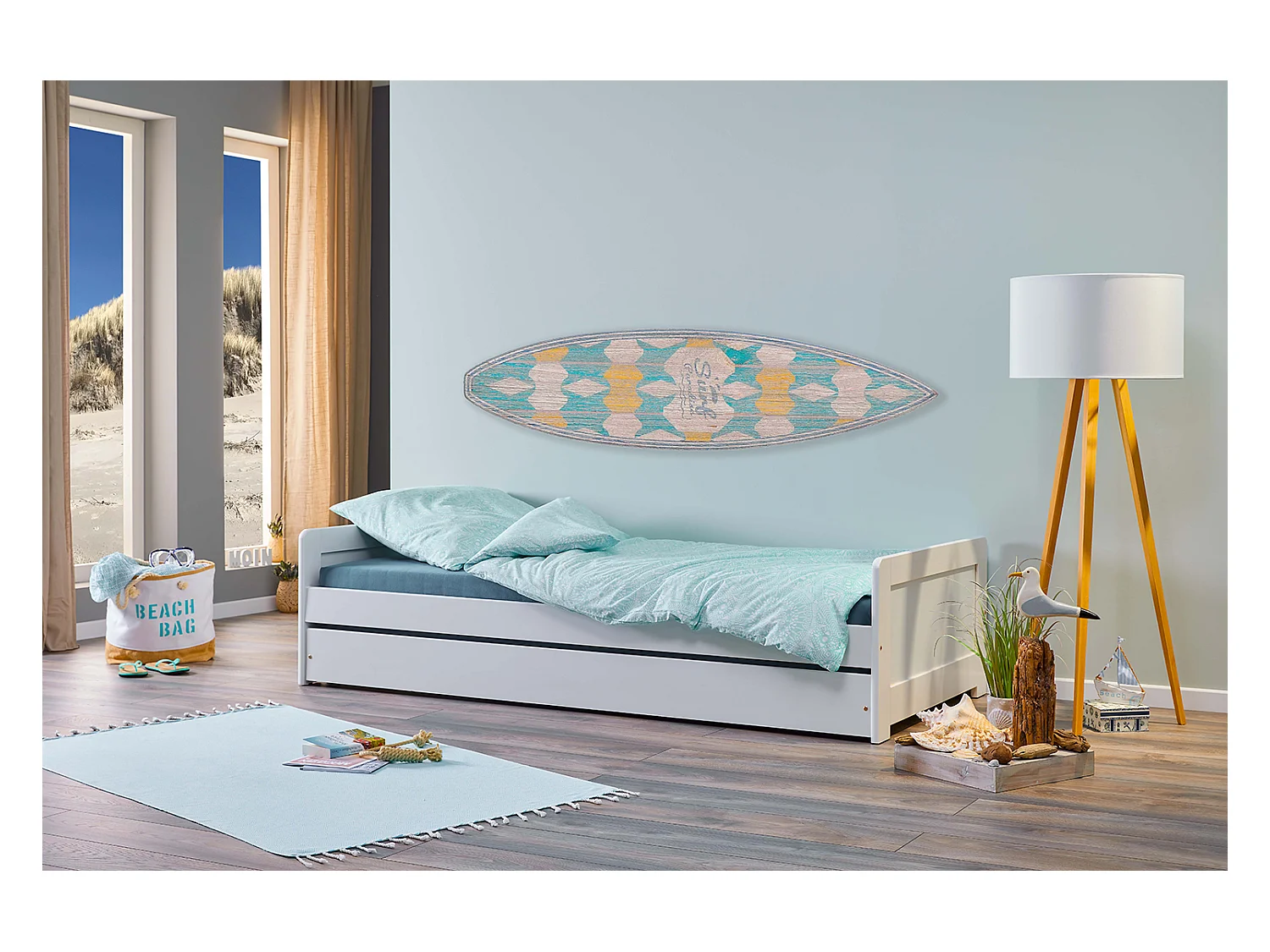 Lit enfant gigogne 90 x 200 cm en pin massif coloris blanc - Longueur 208 x Profondeur 96 x Hauteur 52 cm