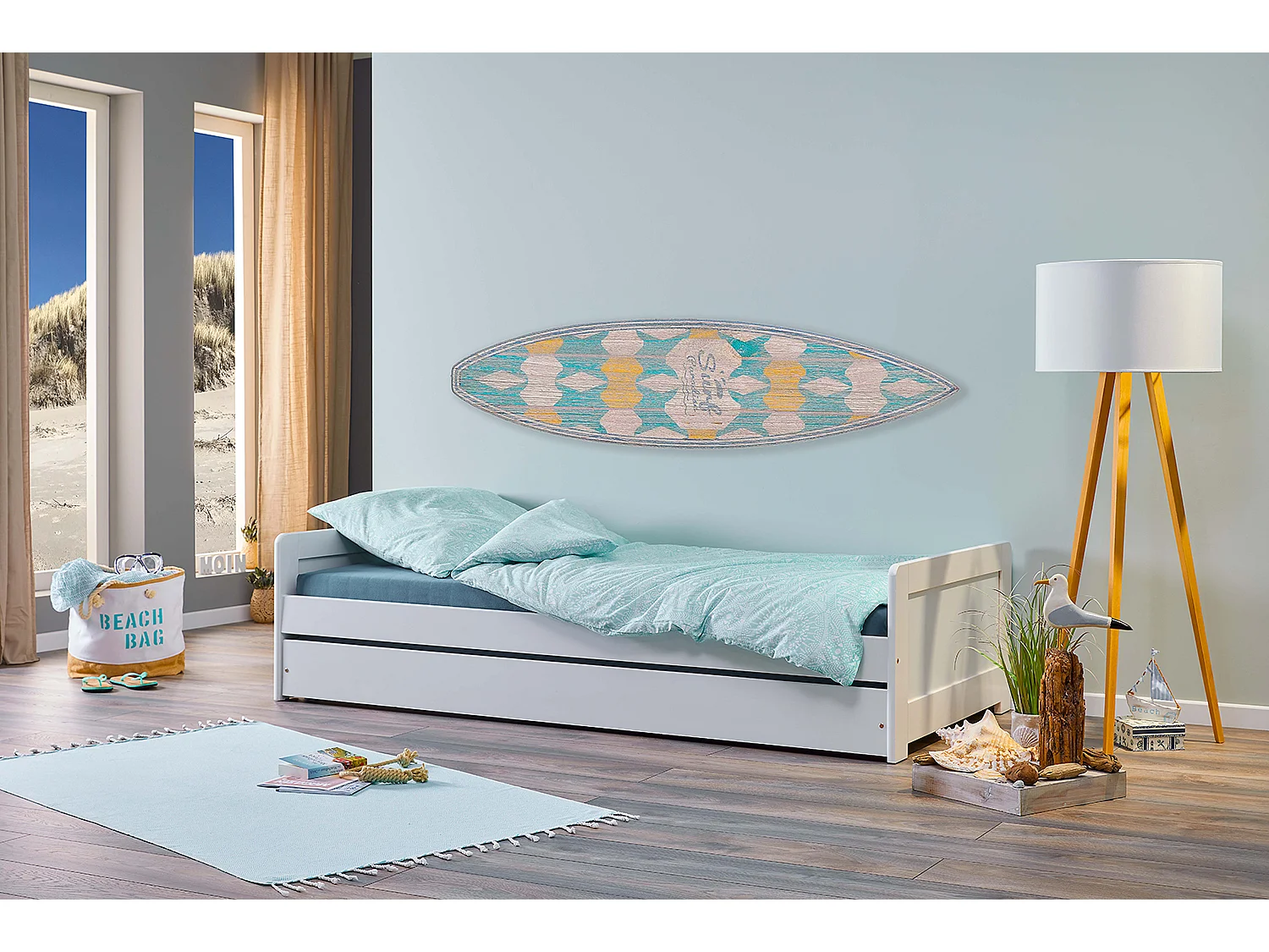 Lit enfant gigogne 90 x 200 cm en pin massif coloris blanc - Longueur 208 x Profondeur 96 x Hauteur 52 cm