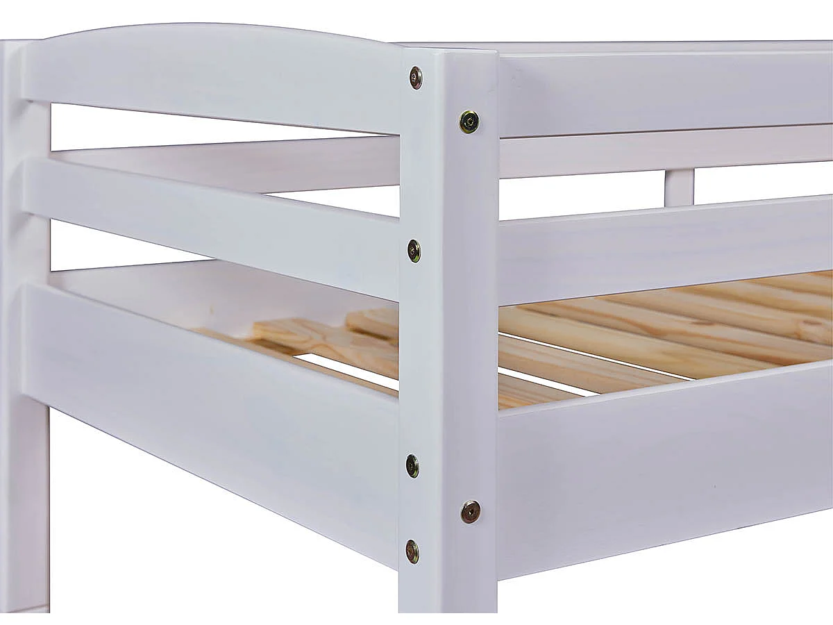 Lit enfant superposé 90x190cm en pin massif vernis coloris blanc - longueur 195 x profondeur 98 x hauteur 146 cm