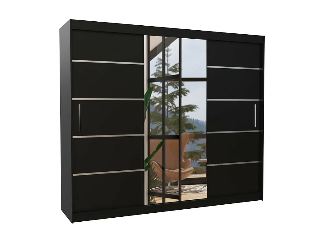 Kleiderschrank Lugano (250cm)/Schiebetüren/Spiegel/Schwarz