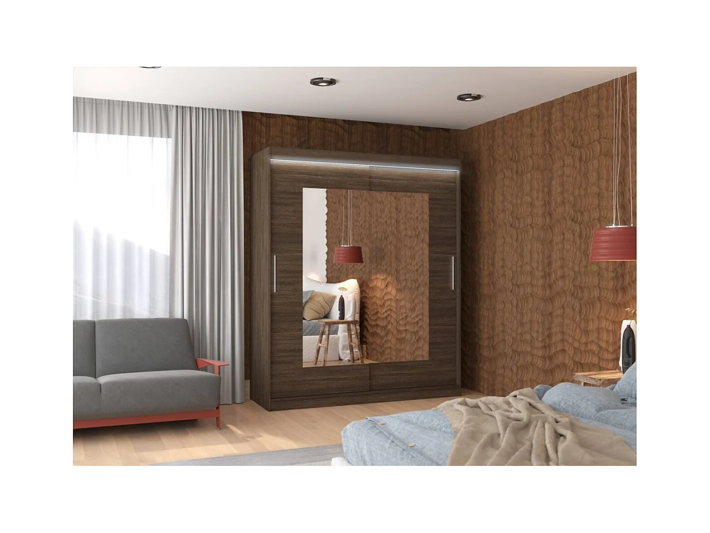 Kleiderschrank Renette (180cm)/Schiebetüren/LED/Spiegel/Braun