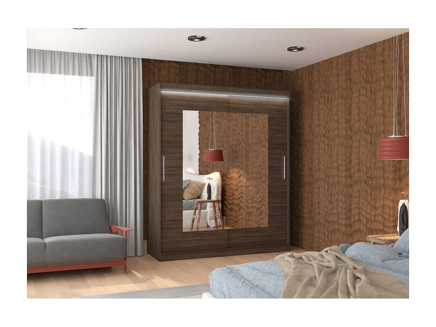 Kleiderschrank Renette (180cm)/Schiebetüren/LED/Spiegel/Braun