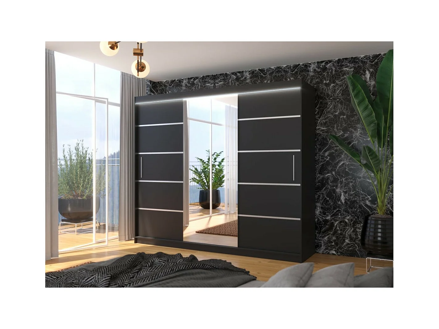 Armoire Lugano (250cm)/portes coulissantes/LED/miroir/Noir