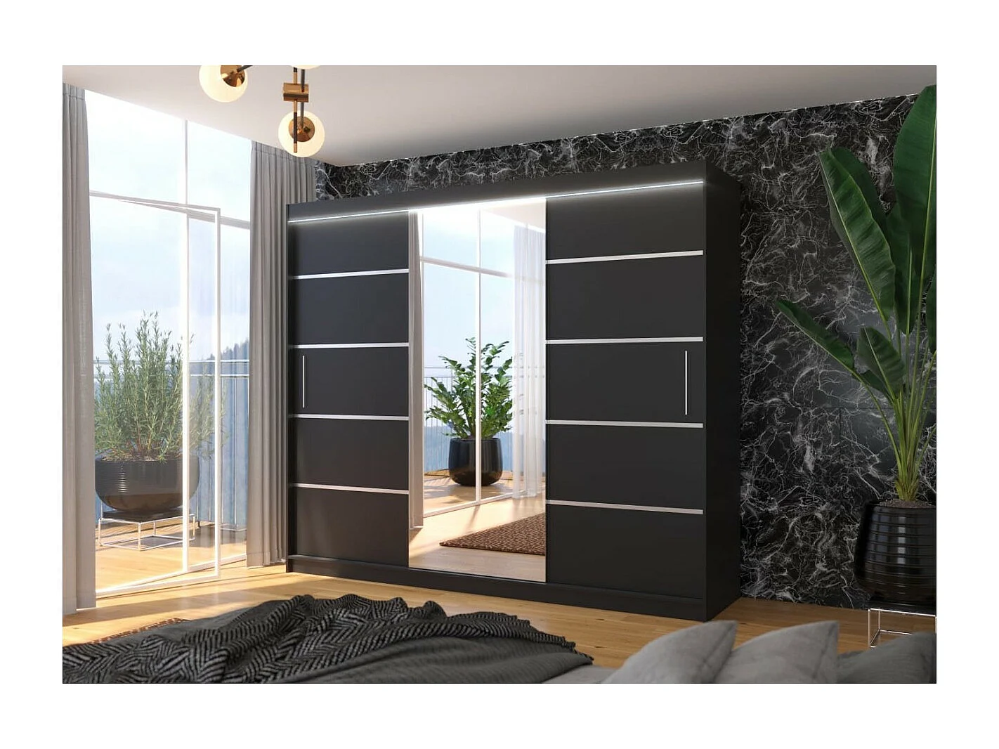 Kleiderschrank Lugano (250cm)/Schiebetüren/LED/Spiegel/Schwarz