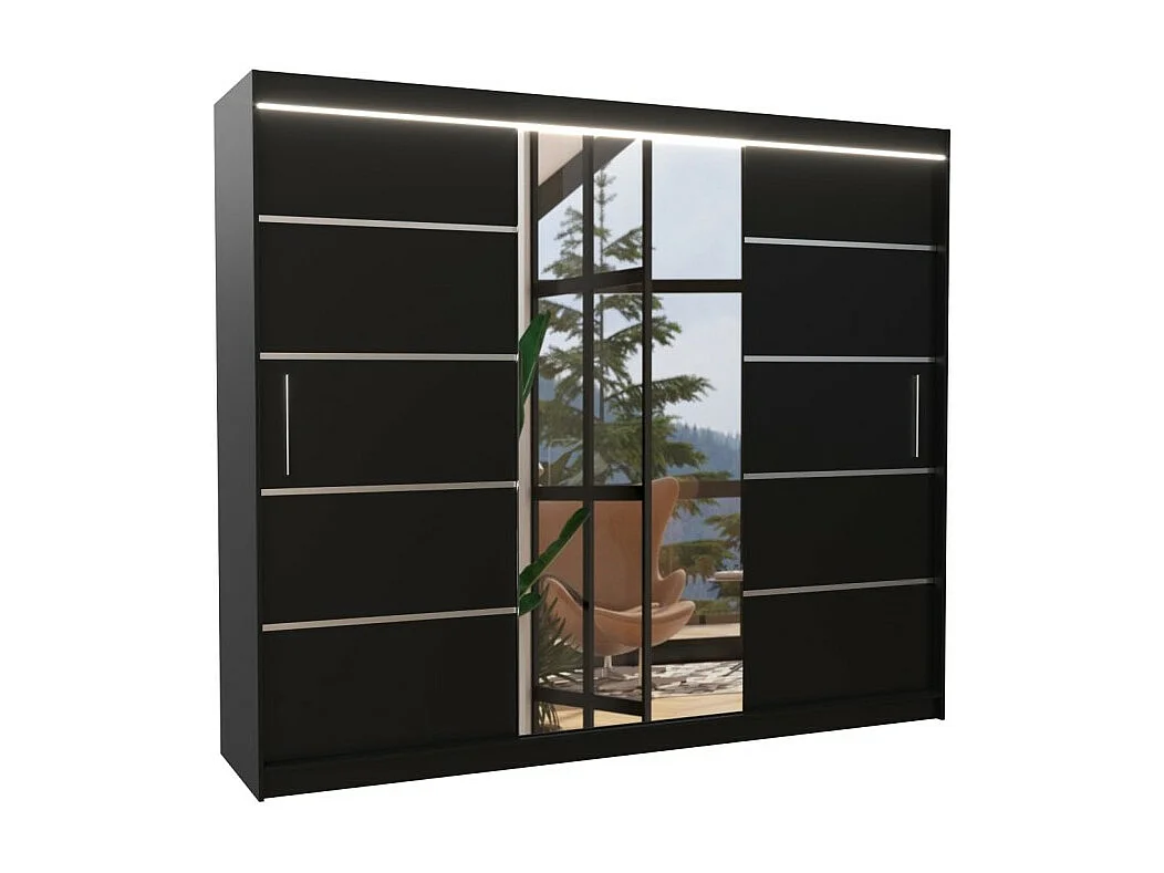 Kleiderschrank Lugano (250cm)/Schiebetüren/LED/Spiegel/Schwarz