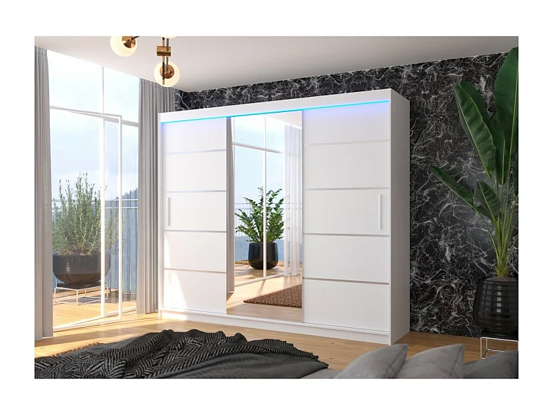 Armoire Lugano (250cm)/portes coulissantes/LED/miroir/Blanc