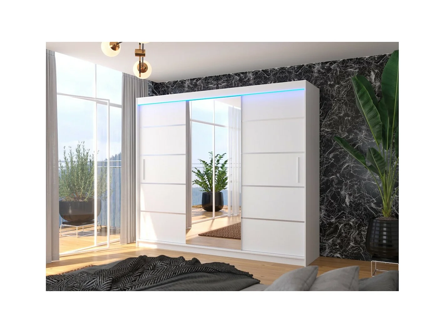 Armoire Lugano (250cm)/portes coulissantes/LED/miroir/Blanc
