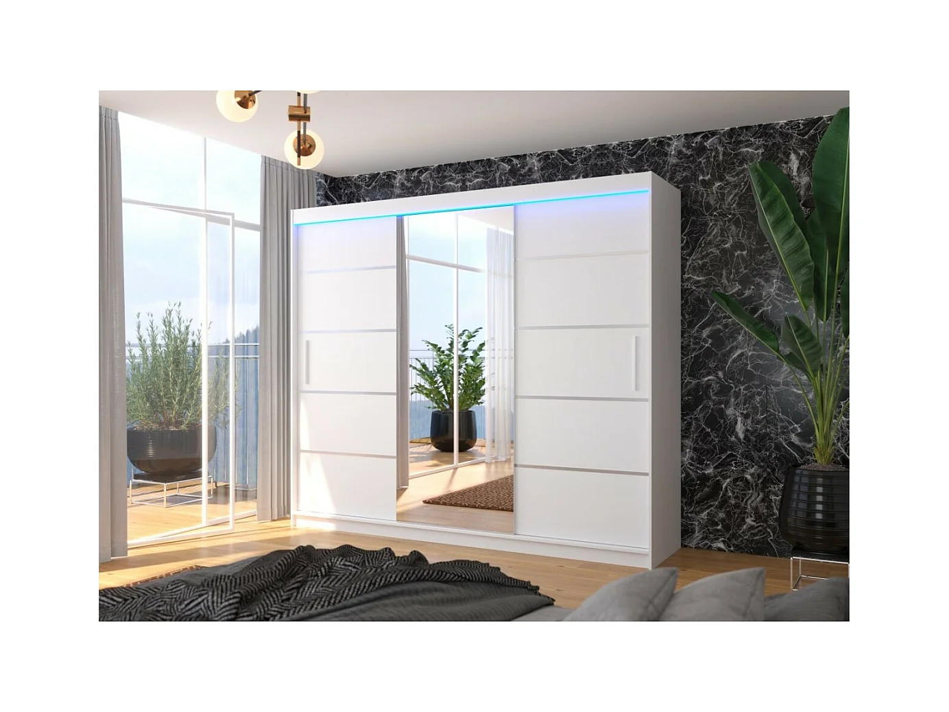Armoire Lugano (250cm)/portes coulissantes/LED/miroir/Blanc
