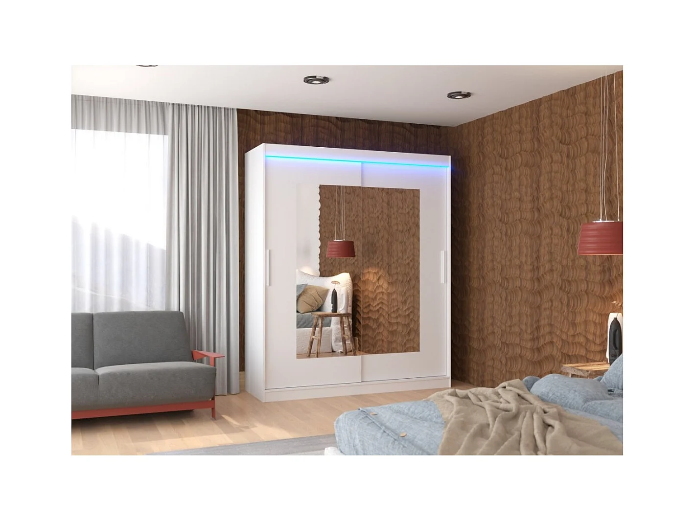 Kleiderschrank Renette (180cm)/Schiebetüren/LED/Spiegel/Weiss