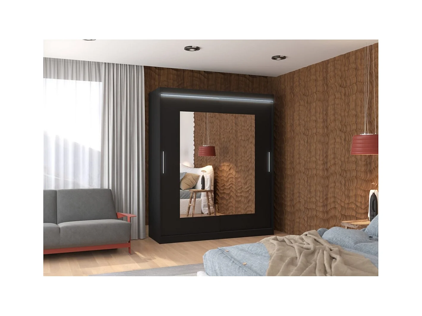 Kleiderschrank Renette (180cm)/Schiebetüren/LED/Spiegel/Schwarz