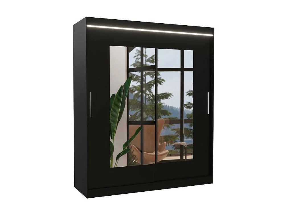 Kleiderschrank Renette (180cm)/Schiebetüren/LED/Spiegel/Schwarz