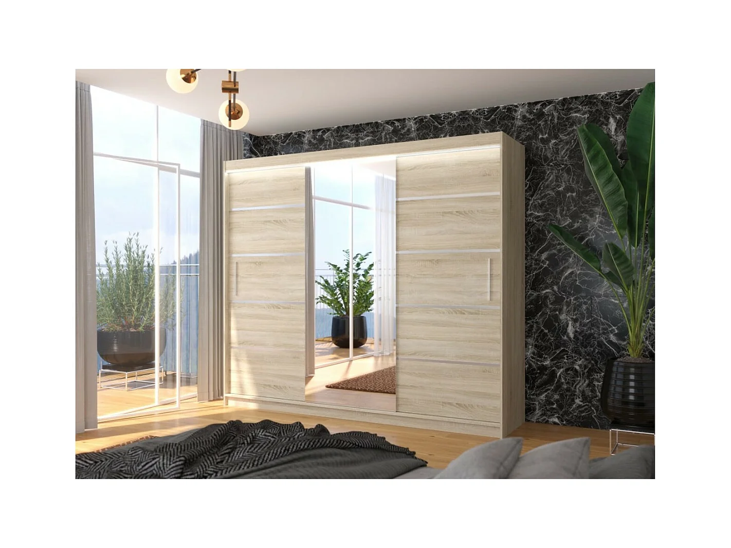Armoire Lugano (250cm)/portes coulissantes/LED/miroir/Sonoma