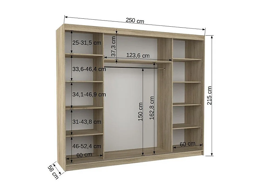 Kleiderschrank Lugano (250cm)/Schiebetüren/LED/Spiegel/Sonoma