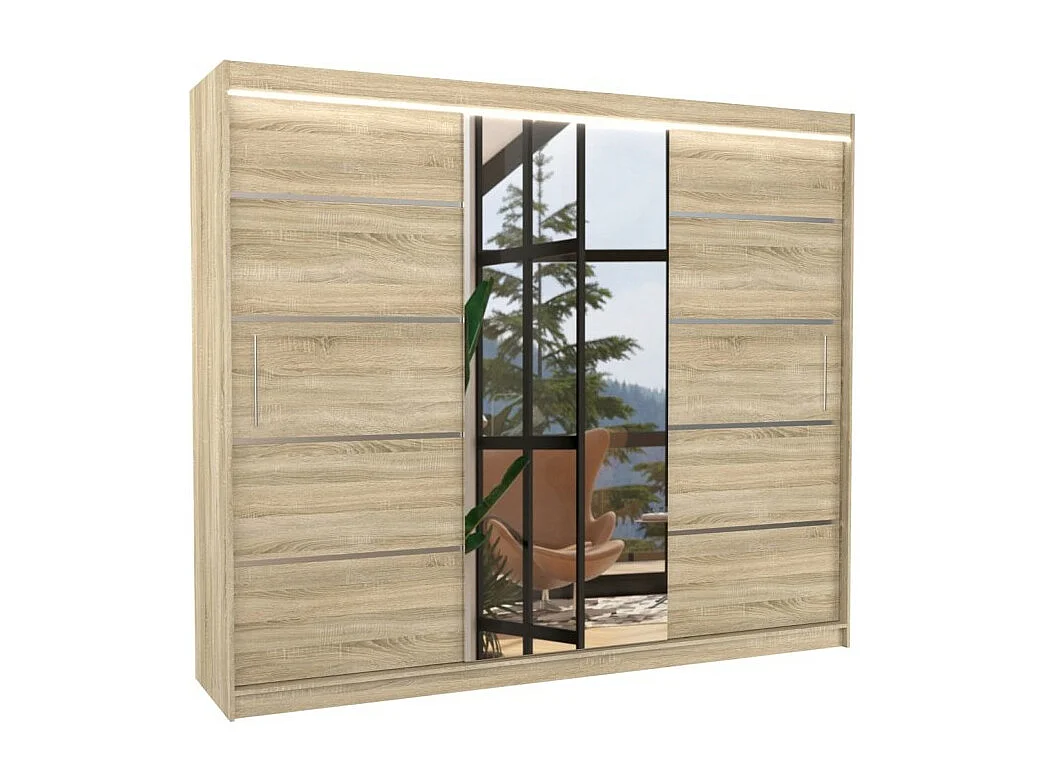 Kleiderschrank Lugano (250cm)/Schiebetüren/LED/Spiegel/Sonoma