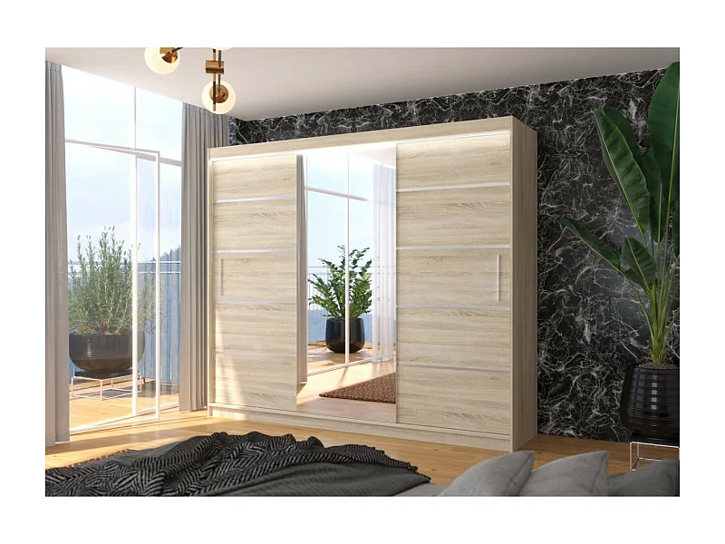 Kleiderschrank Lugano (250cm)/Schiebetüren/LED/Spiegel/Sonoma