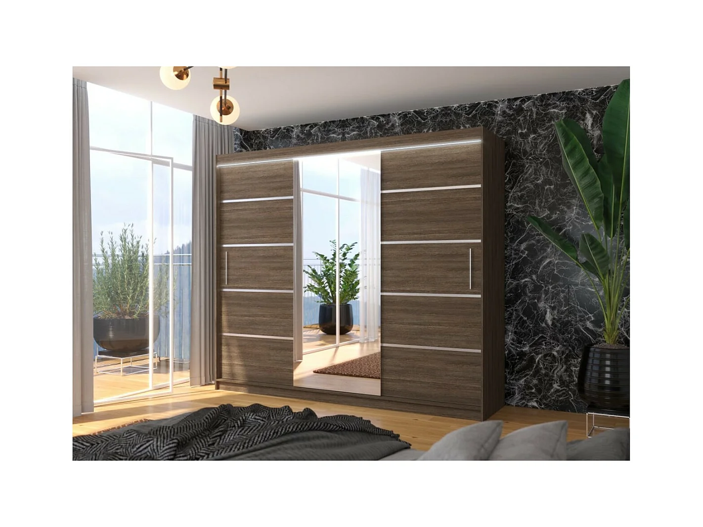 Armoire Lugano (250cm)/portes coulissantes/LED/miroir/Marron