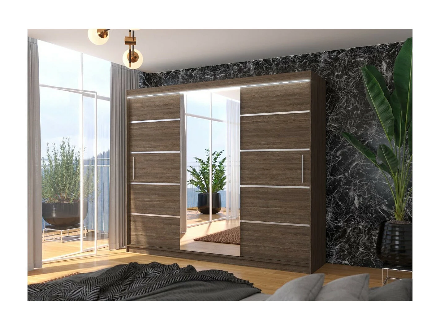 Kleiderschrank Lugano (250cm)/Schiebetüren/LED/Spiegel/Braun