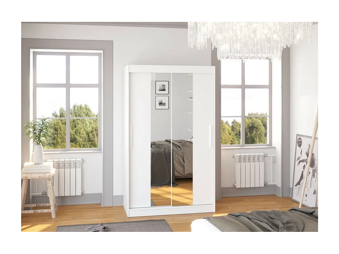 Armoire Lanto (120cm)/portes coulissantes/miroir/Blanc