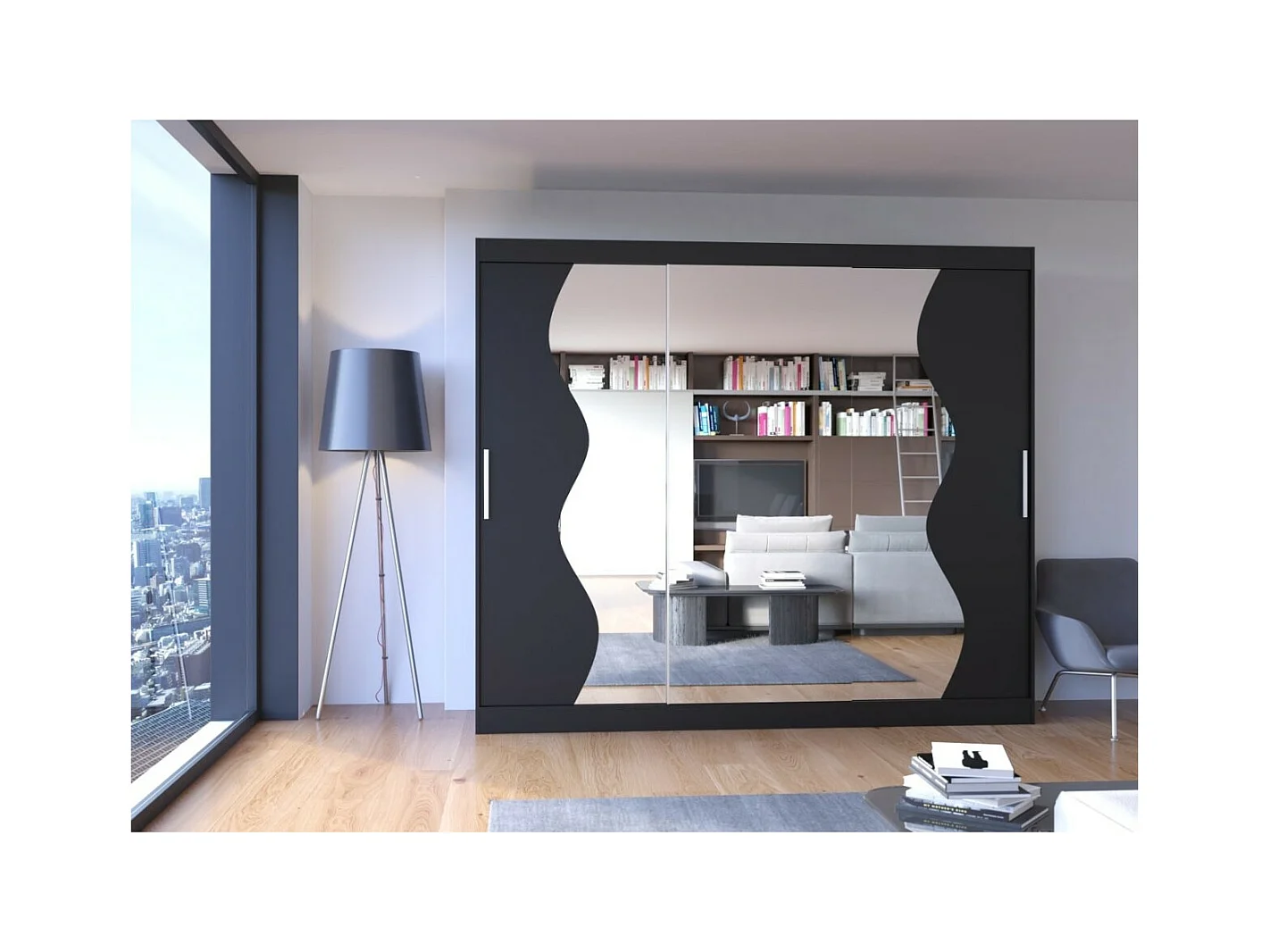 Armadio Haro (250cm)/ante scorrevoli/specchio/Nero