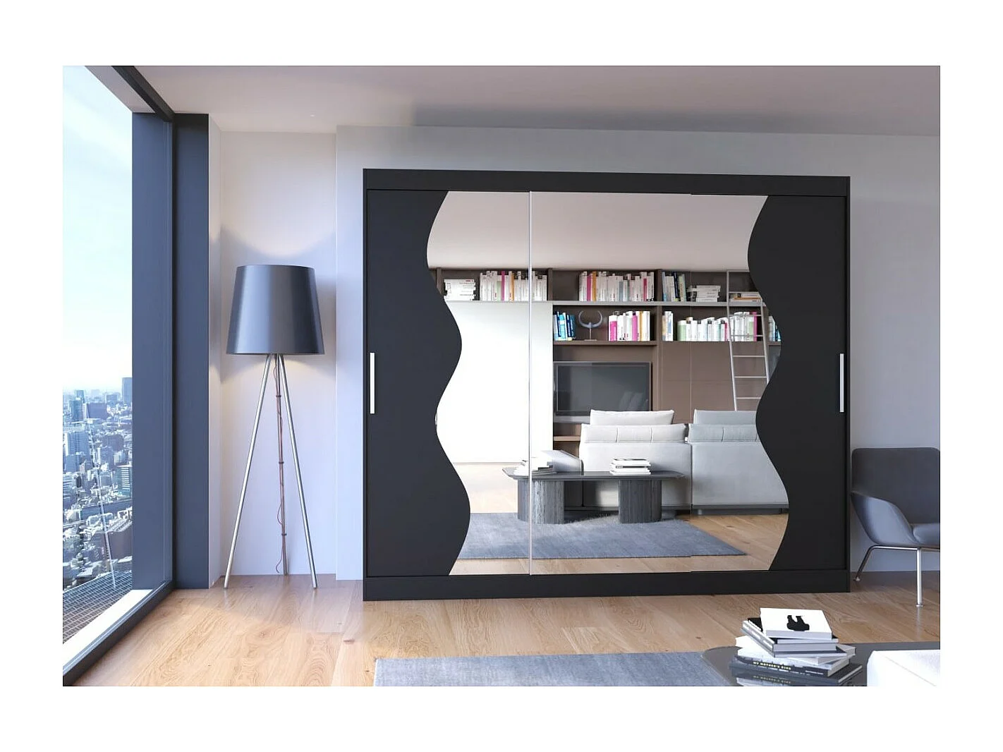 Armadio Haro (250cm)/ante scorrevoli/specchio/Nero