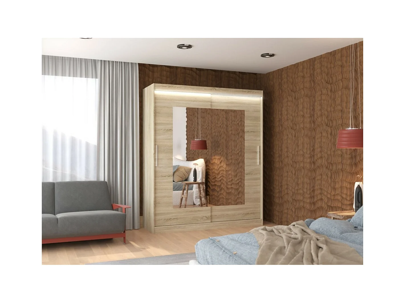 Kleiderschrank Renette (180cm)/Schiebetüren/LED/Spiegel/Sonoma