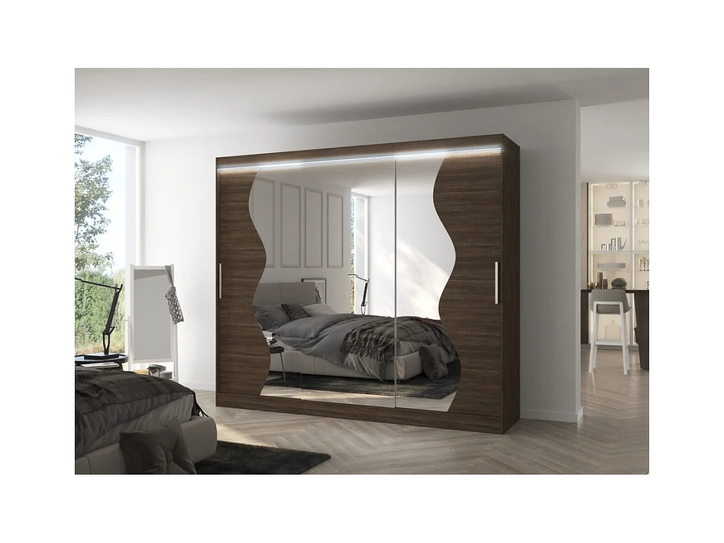 Kleiderschrank Haro (250cm)/Schiebetüren/LED/Spiegel/Braun