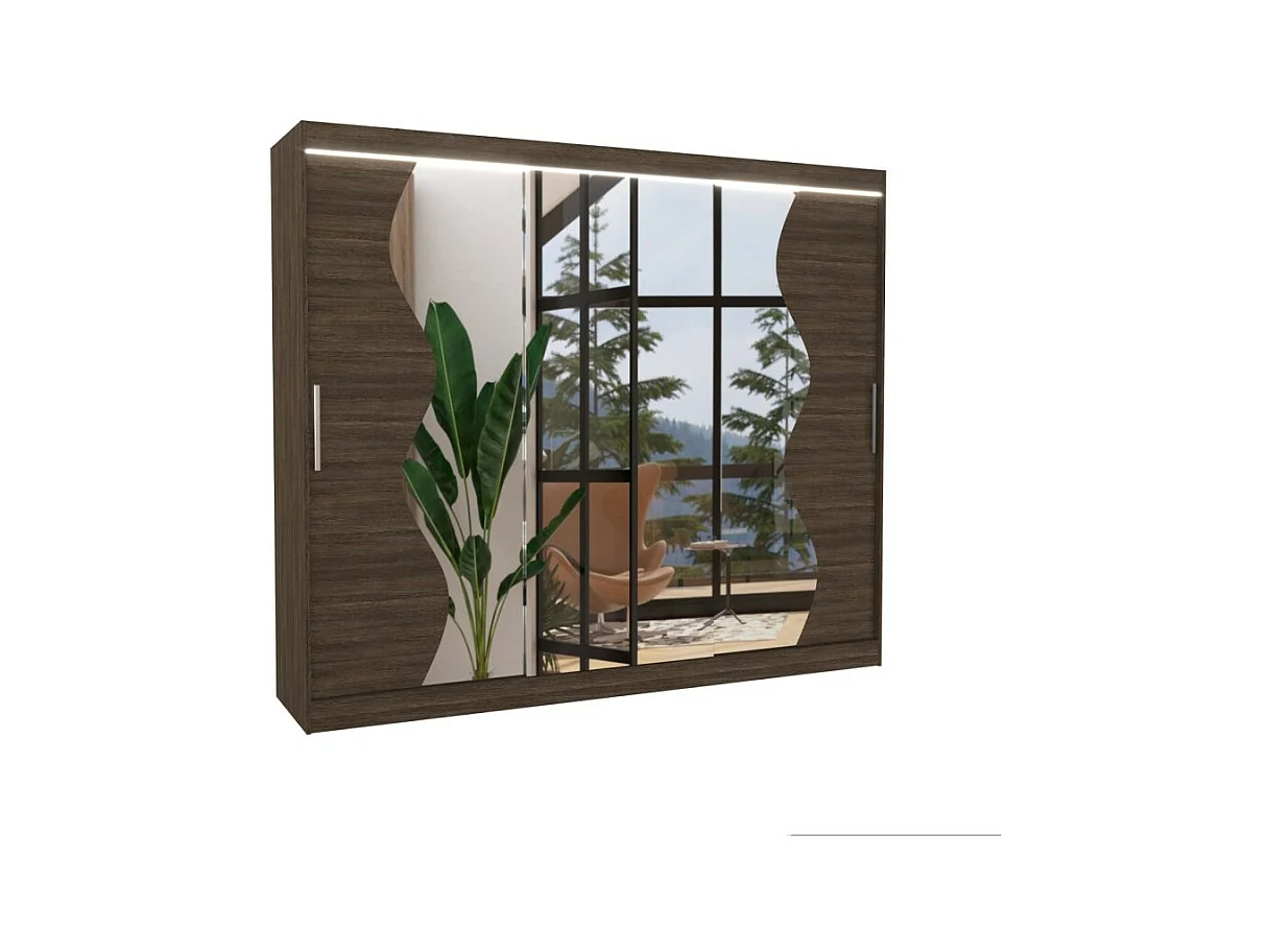 Kleiderschrank Haro (250cm)/Schiebetüren/LED/Spiegel/Braun