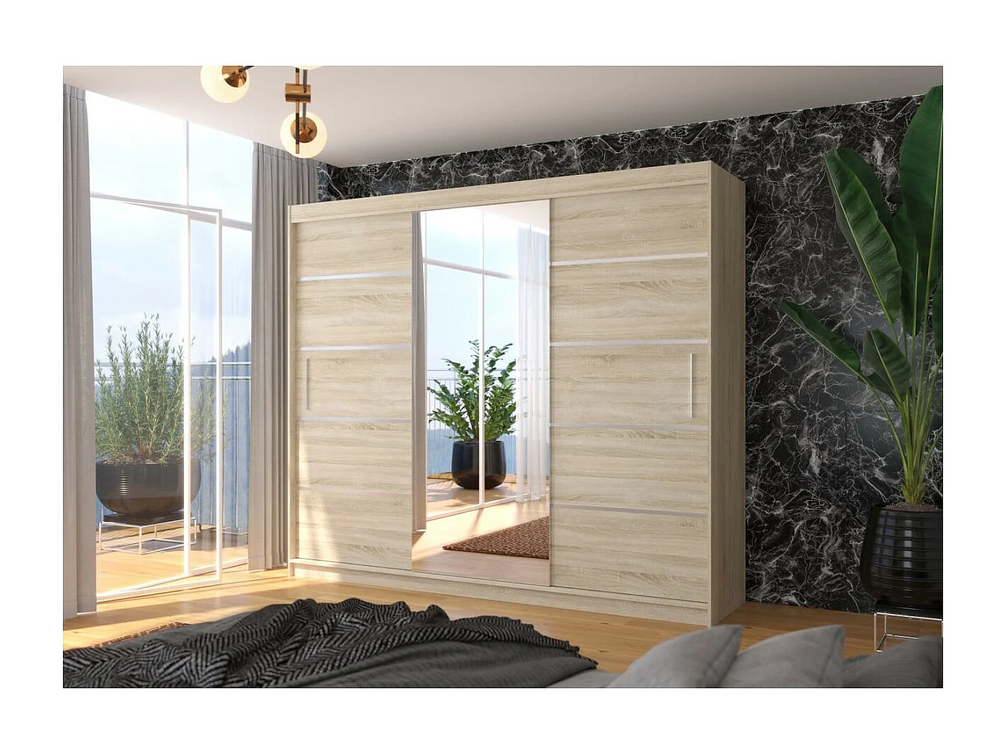 Kleiderschrank Lugano (250cm)/Schiebetüren/Spiegel/Sonoma