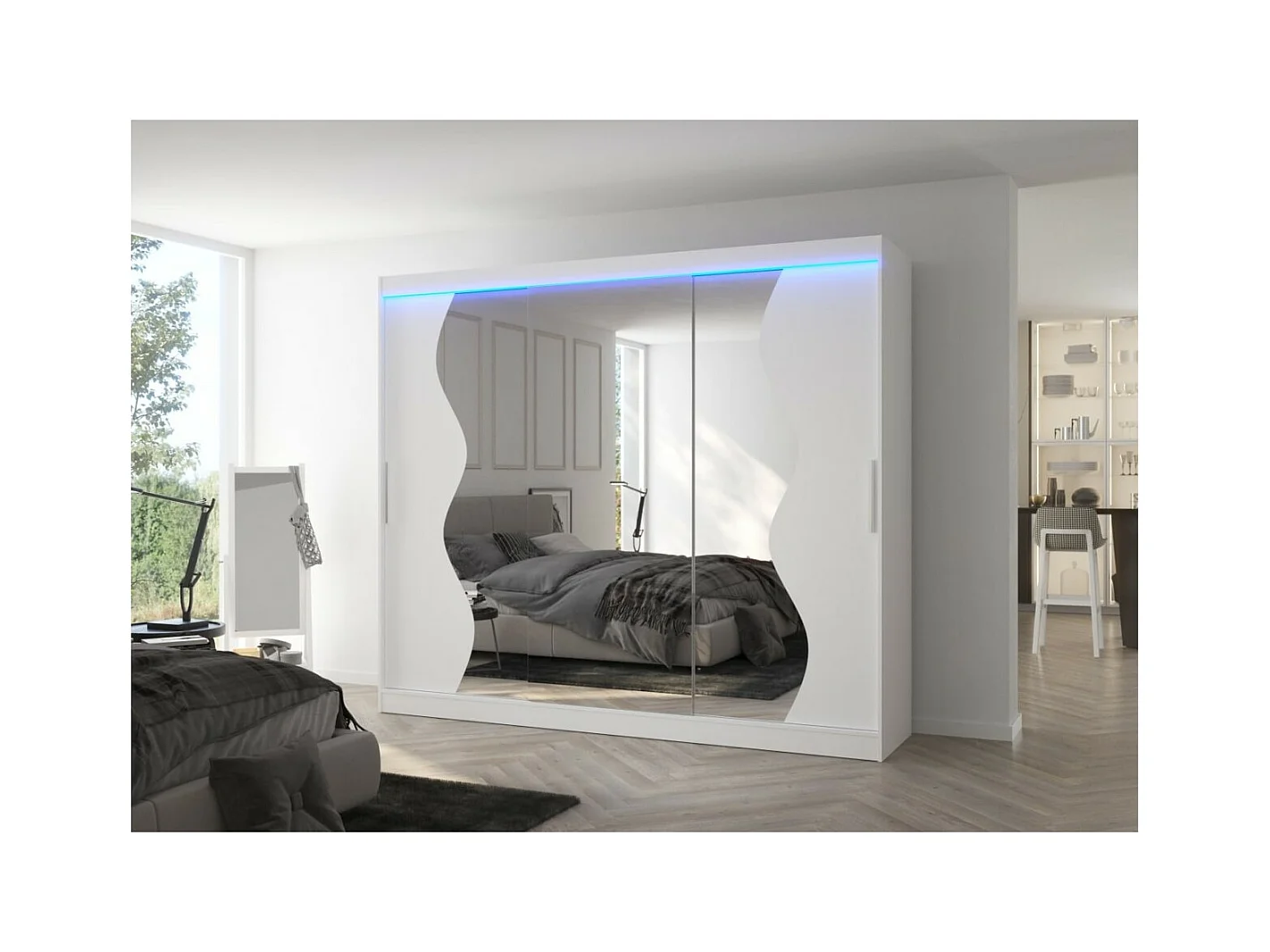 Armadio Haro (250cm)/ante scorrevoli/LED/specchio/Bianco