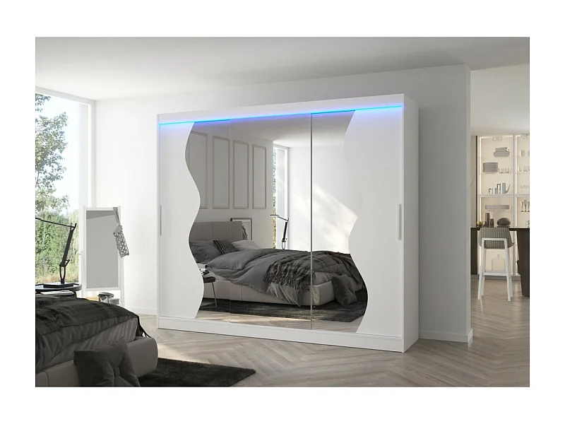 Kleiderschrank Haro (250cm)/Schiebetüren/LED/Spiegel/Weiss