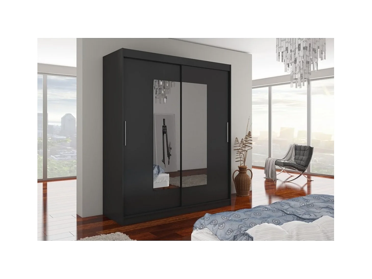 Armadio Renette (180cm)/ante scorrevoli/specchio/Nero