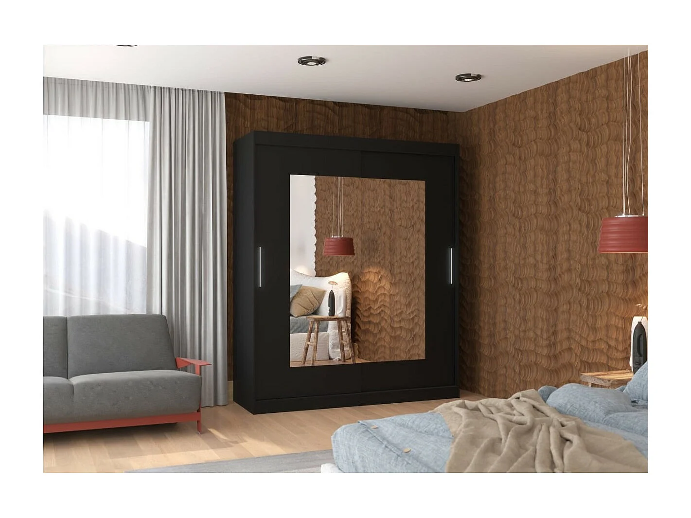 Armadio Renette (180cm)/ante scorrevoli/specchio/Nero