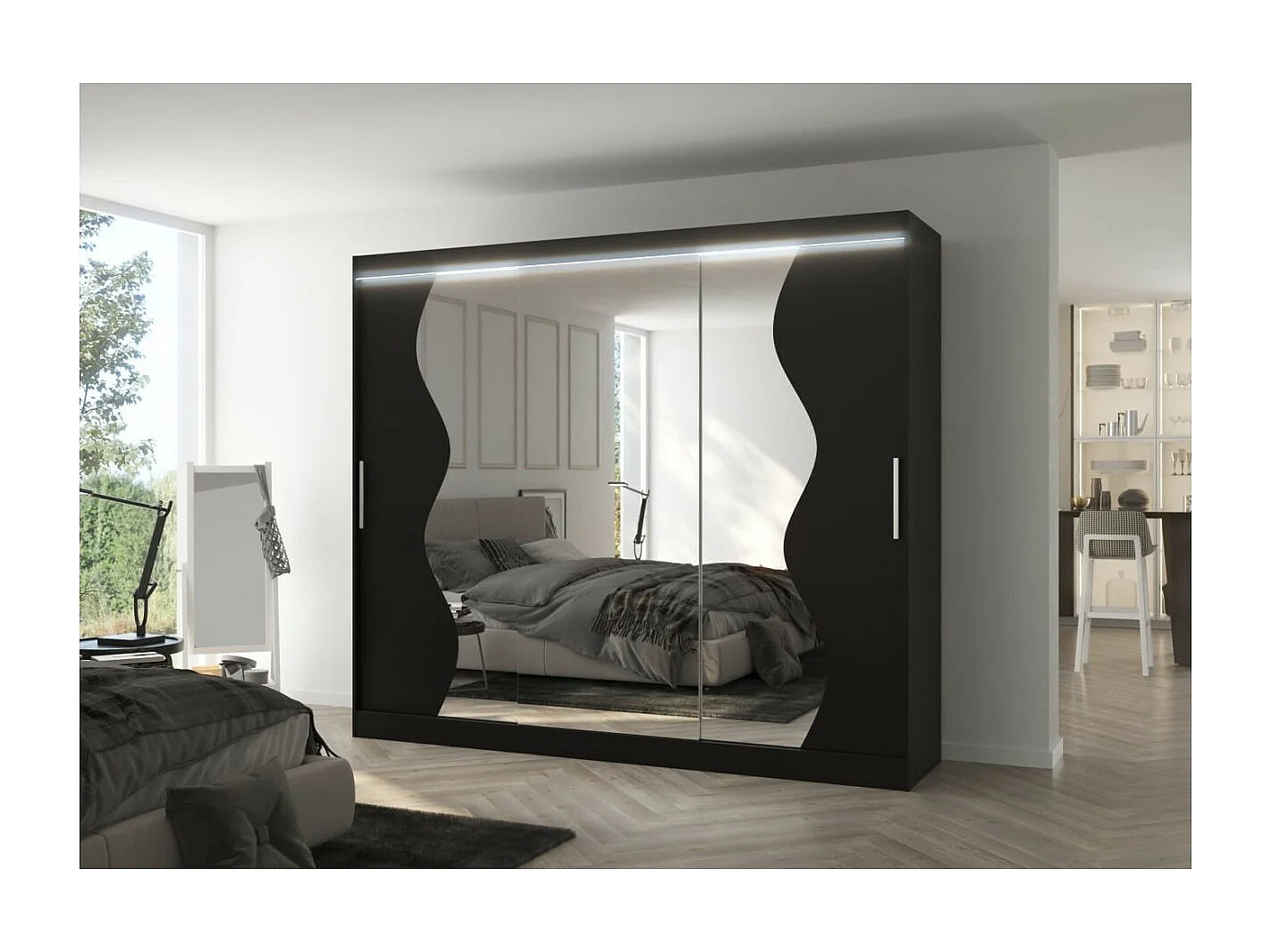 Kleiderschrank Haro (250cm)/Schiebetüren/LED/Spiegel/Schwarz