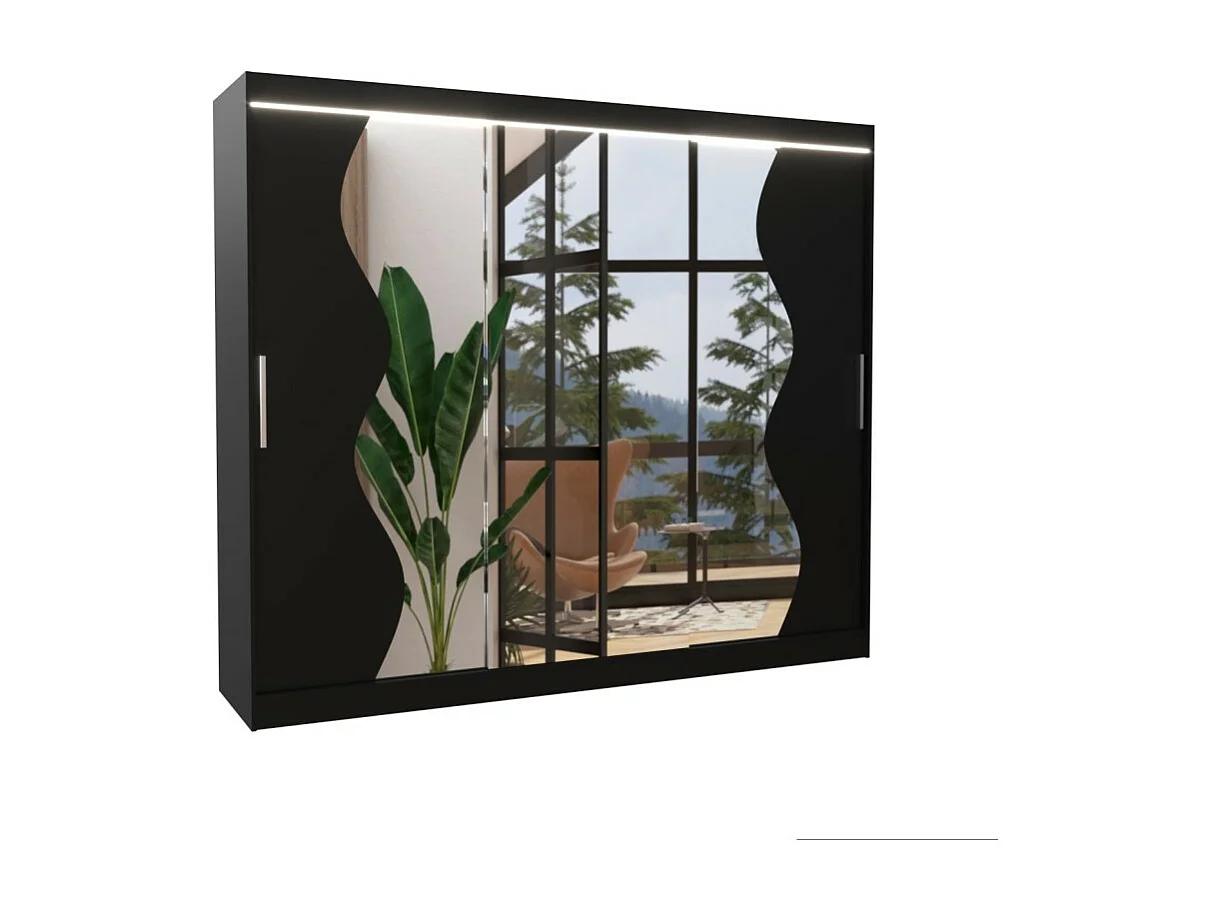 Kleiderschrank Haro (250cm)/Schiebetüren/LED/Spiegel/Schwarz